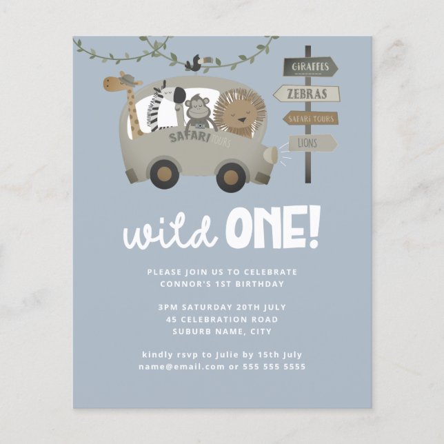 Budget Wild One Safari Blue Boy First Birthday (Front)