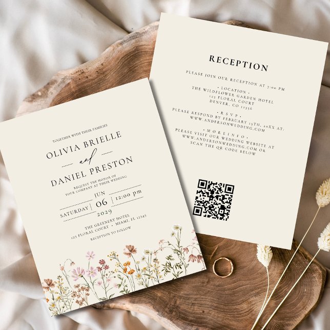 Budget Wildflower Beige All in One QR Code Wedding Flyer (Creator Uploaded)