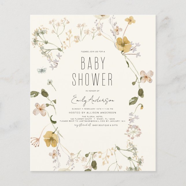 Budget Wildflower Boho Baby Shower Elegant Modern Flyer (Front)