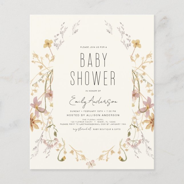 Budget Wildflower Boho Baby Shower Elegant Modern Flyer (Front)