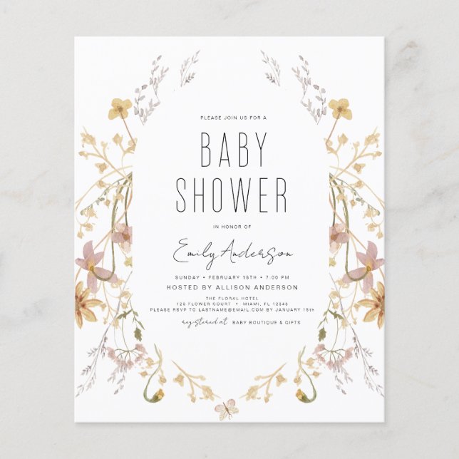 Budget Wildflower Boho Baby Shower Elegant Modern Flyer (Front)