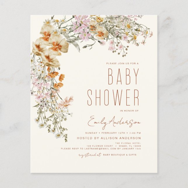 Budget Wildflower Boho Baby Shower Terracotta Flyer (Front)