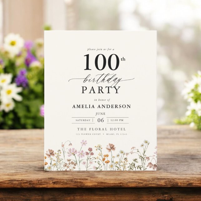 Budget Wildflower Floral 100th Birthday Invitation Flyer (Creator Uploaded)