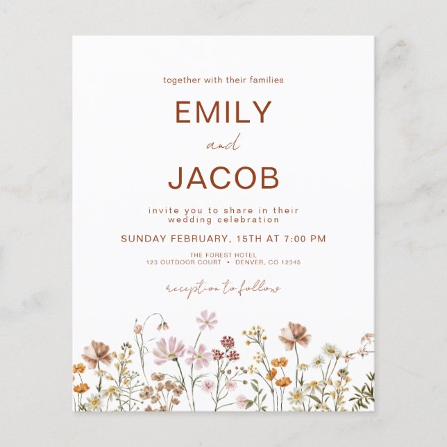Budget Wildflower Terracotta Botanical Wedding Flyer (Front)