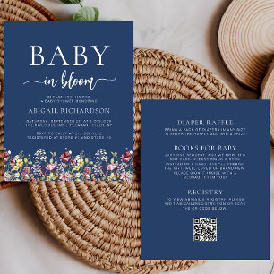 Budget Wildflowers Navy Blue QR Code Baby Shower