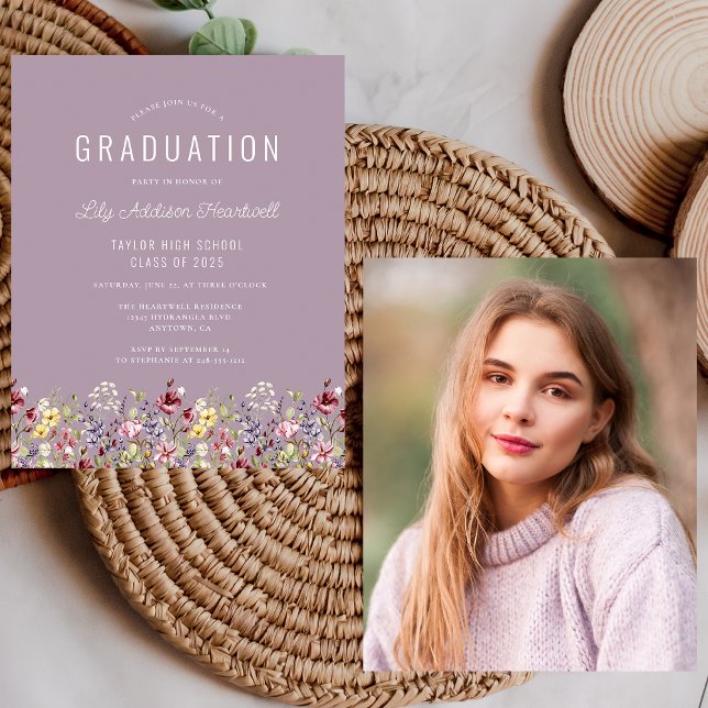 Budget Wildflowers Photo Mauve Grad Party Invite (Creator Uploaded)