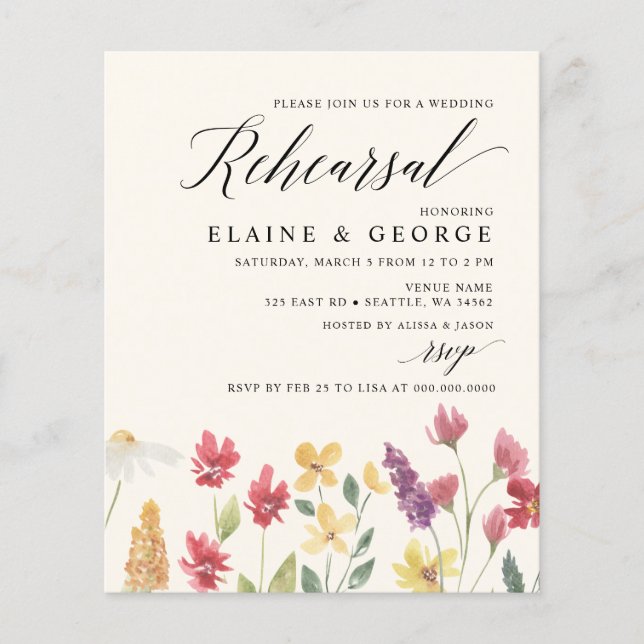 Budget Wildflowers Rehearsal Dinner Invitations (Front)
