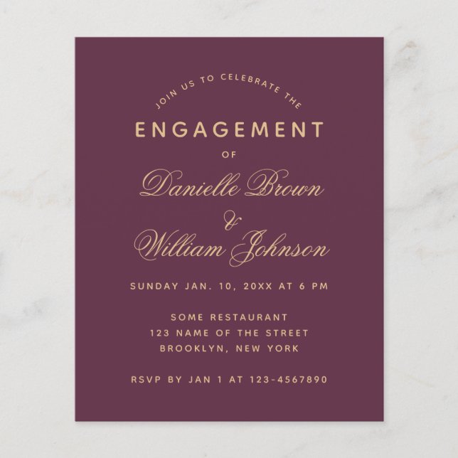 Budget Wine Colour Golden Engagement Invitation (Front)