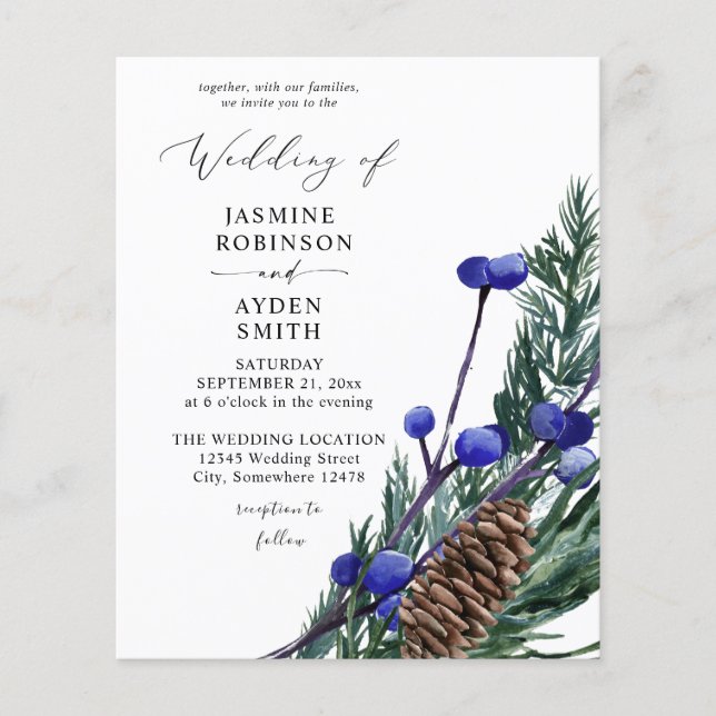 Budget Winter Blue Berries & Pine Greenery Wedding Flyer (Front)