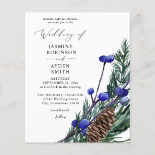 Budget Winter Blue Berries & Pine Greenery Wedding Flyer