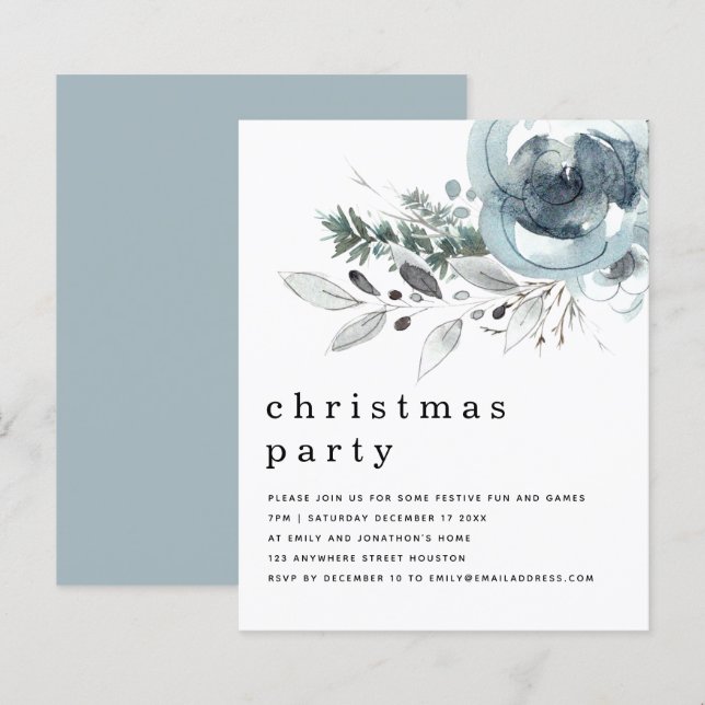 Budget Winter Blue Florals Christmas Party Invite (Front/Back)