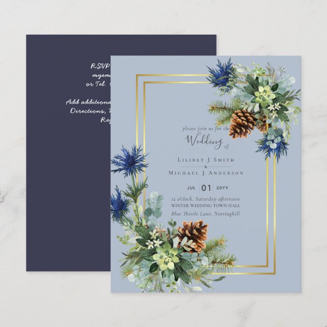 BUDGET  Winter Blue Thistle Wedding Invites (Front/Back)