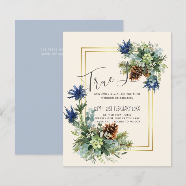 BUDGET  Winter Blue Thistle Wedding Invites (Front/Back)