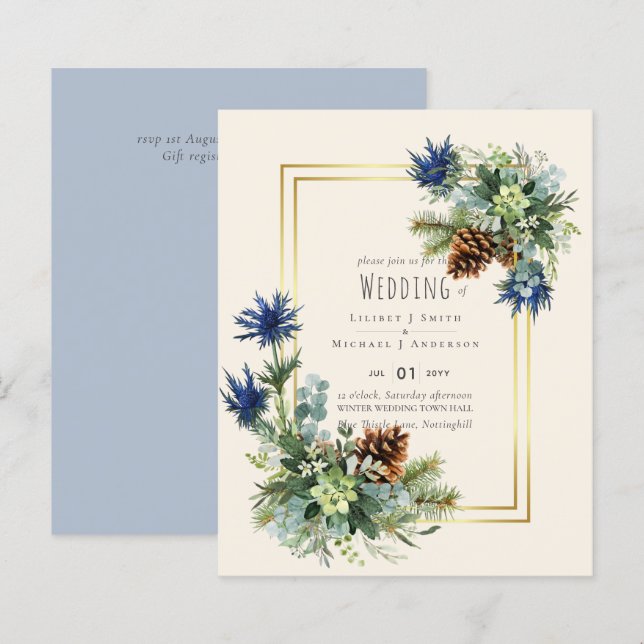 BUDGET  Winter Blue Thistle Wedding Invites (Front/Back)