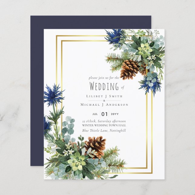BUDGET  Winter Blue Thistle Wedding Invites (Front/Back)