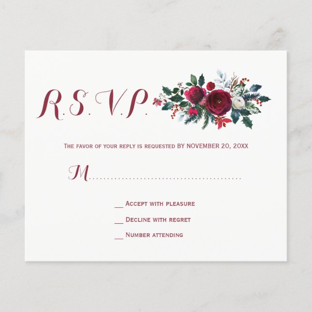 Budget winter burgundy floral wedding rsvp FLYER (Front)