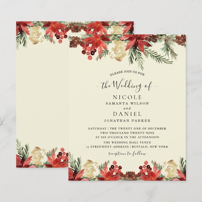 Budget Winter Christmas Burgundy Wedding Flyer (Front/Back)