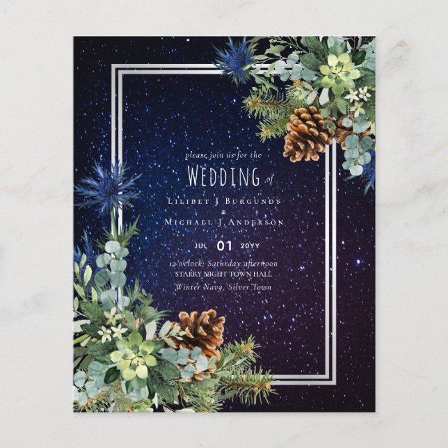 BUDGET Winter Eucalyptus Pine Cones Wedding Flyer (Front)
