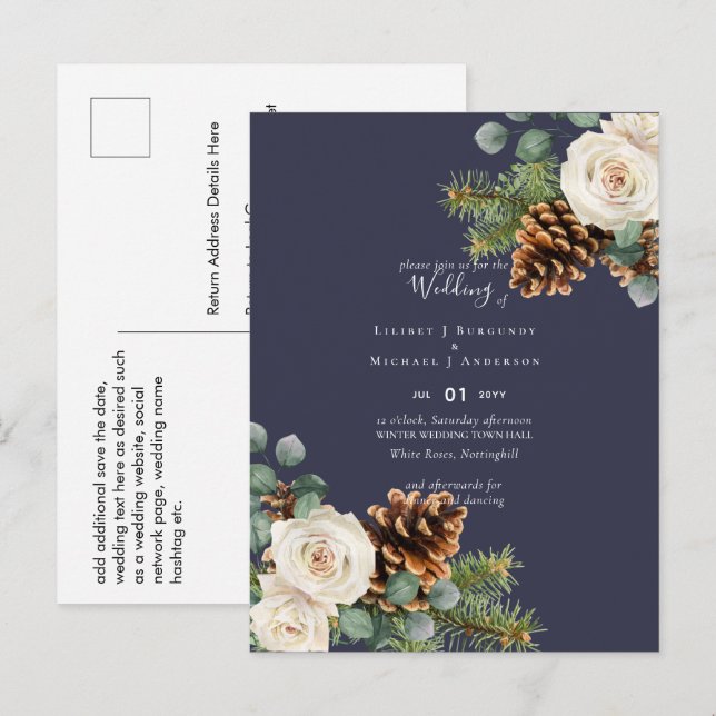 BUDGET Winter Eucalyptus Pine Cones Wedding Postcard (Front/Back)