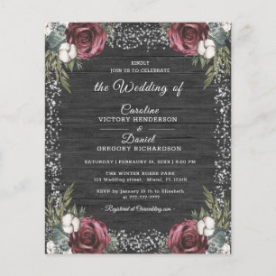 Budget Winter Floral Burgundy Wedding Flyer