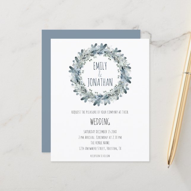 Budget Winter Floral Teal Wreath Wedding Invite (Front/Back In Situ)