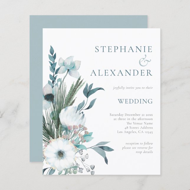 Budget Winter Florals Teal QR Code Wedding invite (Front/Back)