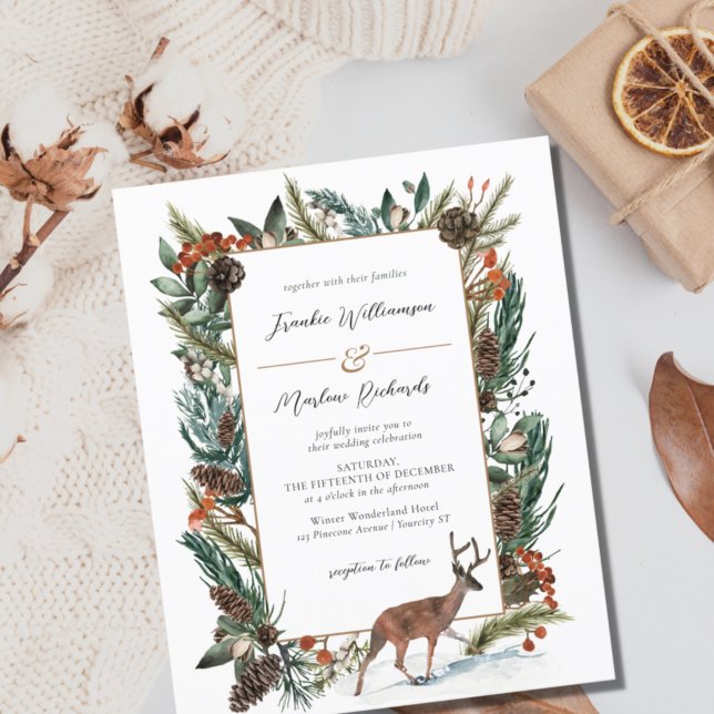 Budget Winter Greenery Pine Cone Wedding Invite (Creator Uploaded)