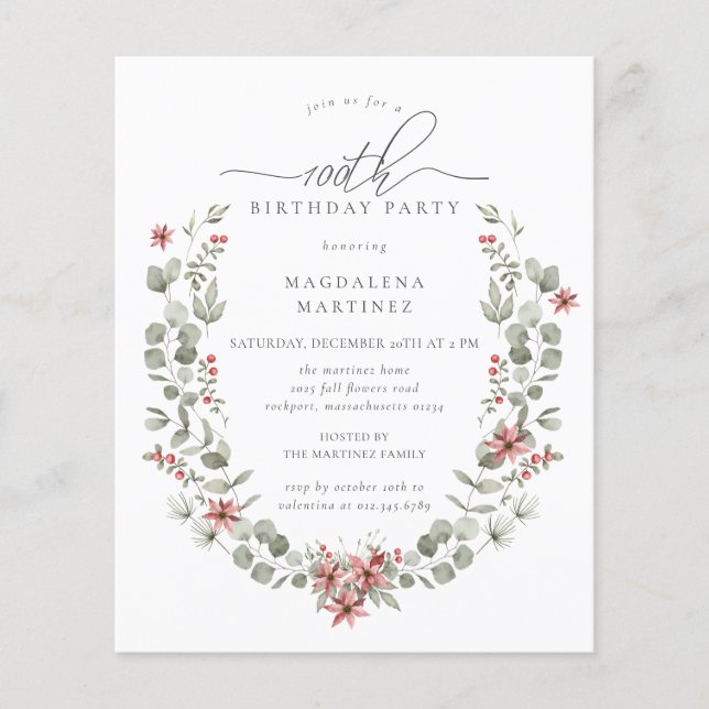 Budget Winter Greenery Red Floral 100th Birthday (Front)