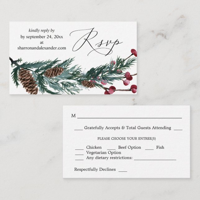 Budget Winter Pine Cone & Berry SM Meal RSVP Enclosure Card (Front/Back)