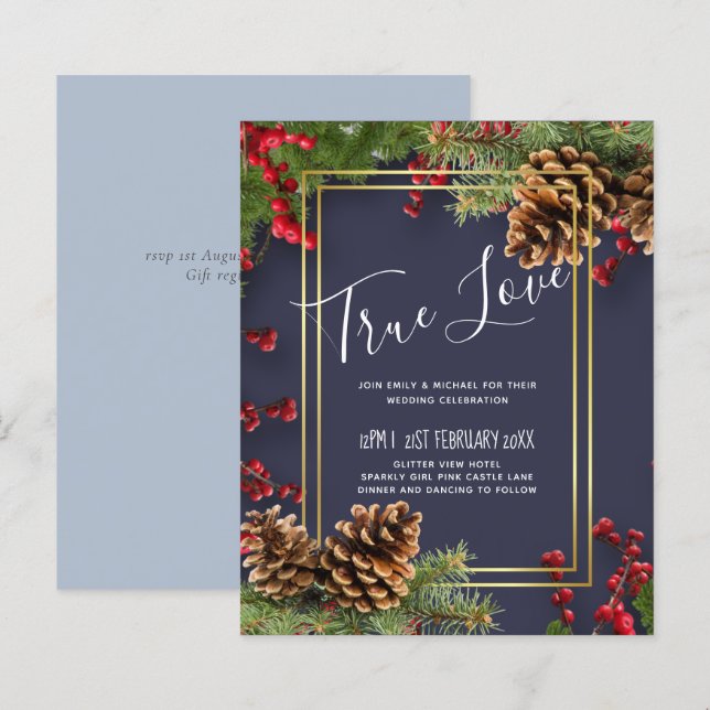 BUDGET  Winter Red Berries Pine Cones Wedding (Front/Back)