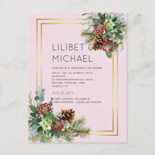 BUDGET  Winter Red Berries Pine Cones Wedding Postcard