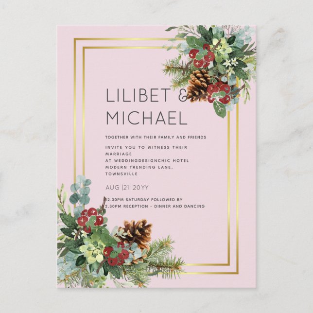 BUDGET  Winter Red Berries Pine Cones Wedding Postcard (Front)