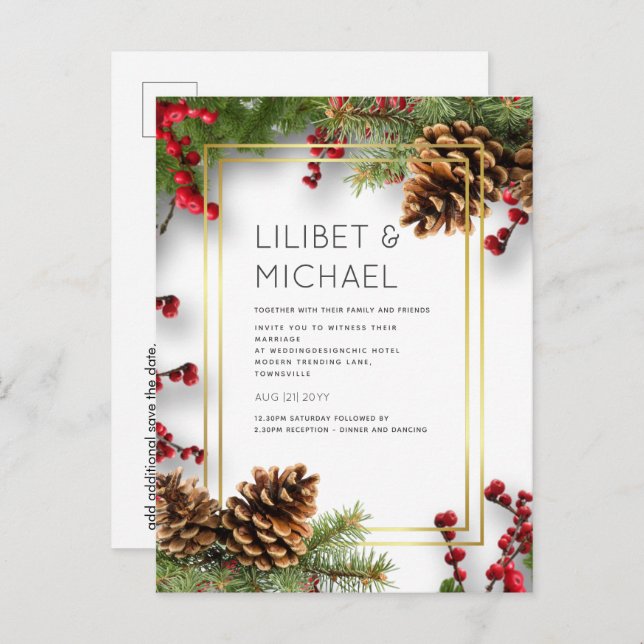 BUDGET  Winter Red Berries Pine Cones Wedding Postcard (Front/Back)