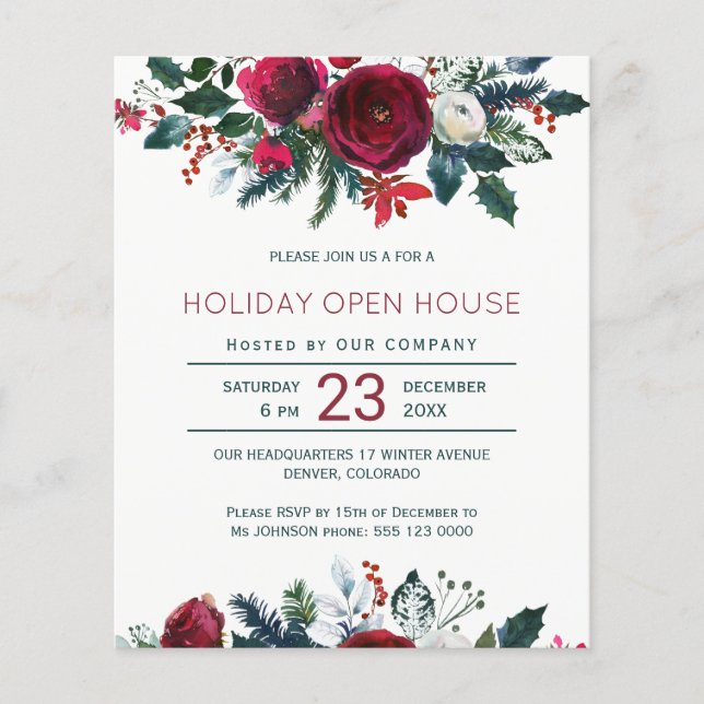 Budget winter red flowers holiday party invitation flyer (Front)