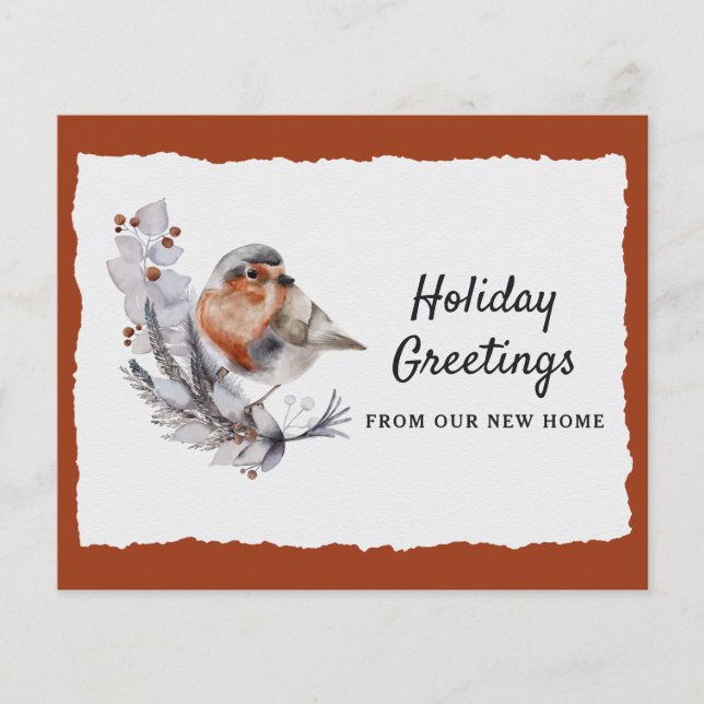 Budget Winter Robin Rust Grey Holiday Moving Card (Front)