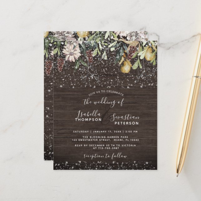 Budget Winter Rustic Snowy Wedding Invitation  (Front/Back In Situ)