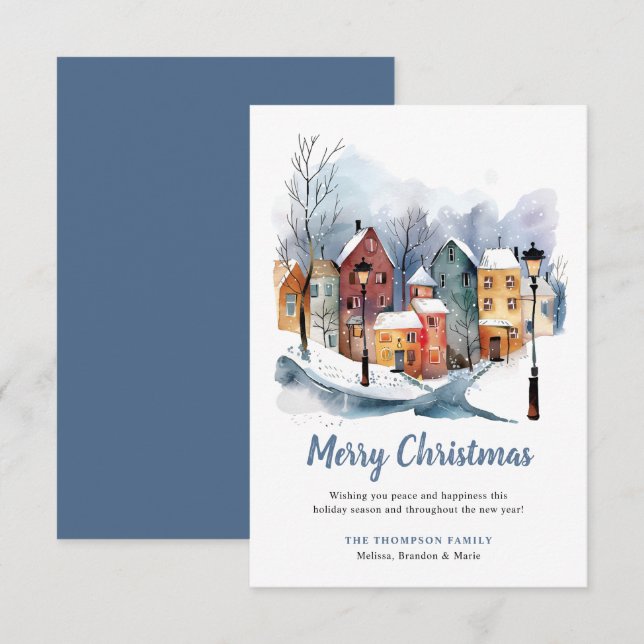 BUDGET Winter Watercolor Houses Blue Christmas  Card (Front/Back)