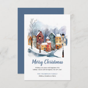 BUDGET Winter Watercolor Houses Blue Christmas  Card