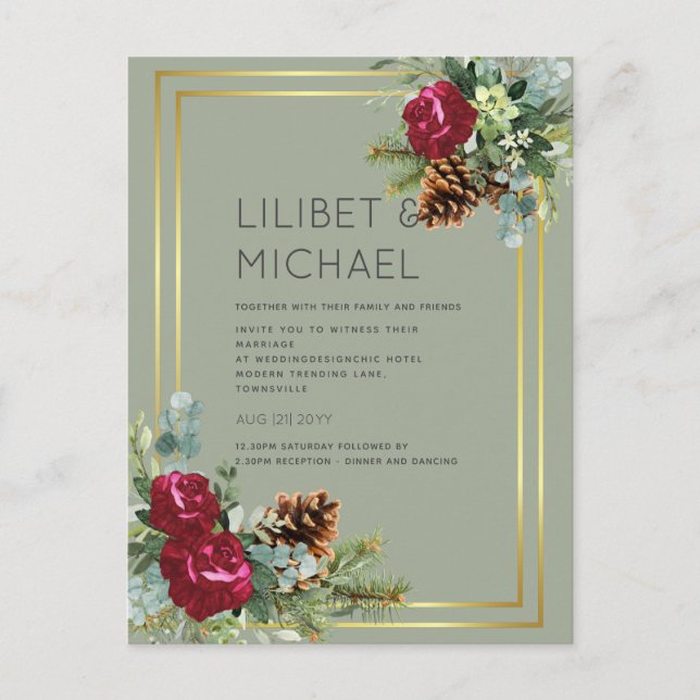BUDGET  Winter Wedding Burgundy Roses Eucalyptus Postcard (Front)