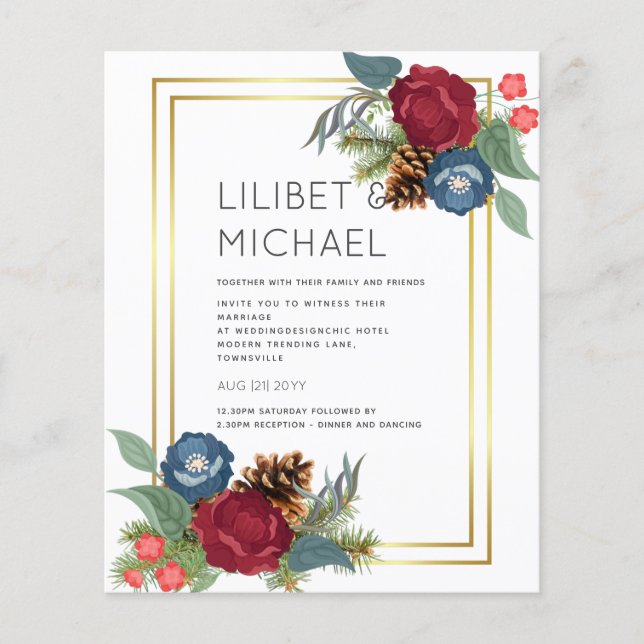 BUDGET  Winter Wedding Burgundy Teal Blue Modern (Front)