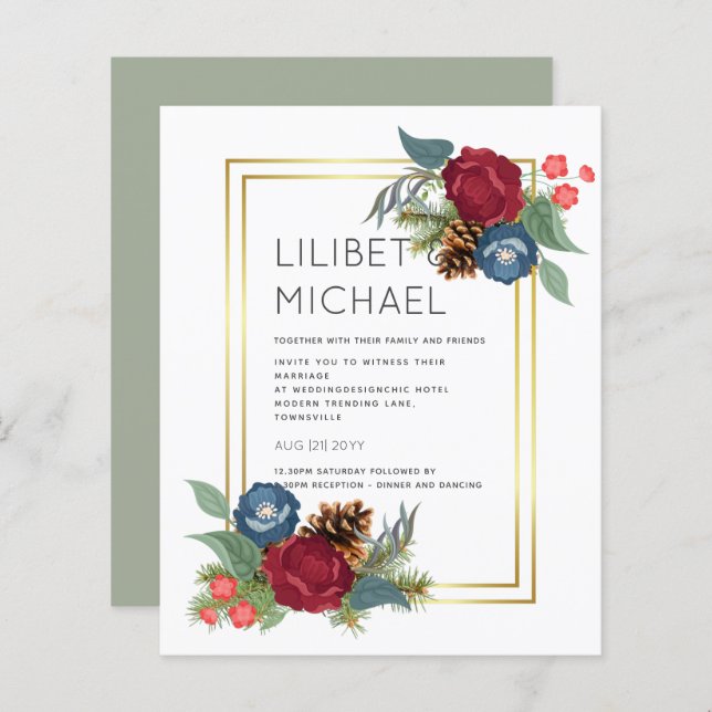 BUDGET  Winter Wedding Burgundy Teal Blue Modern (Front/Back)