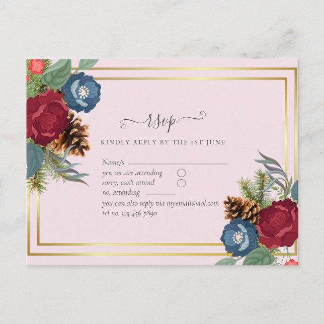 BUDGET  Winter Wedding Burgundy Teal Blue Modern Postcard (Front)