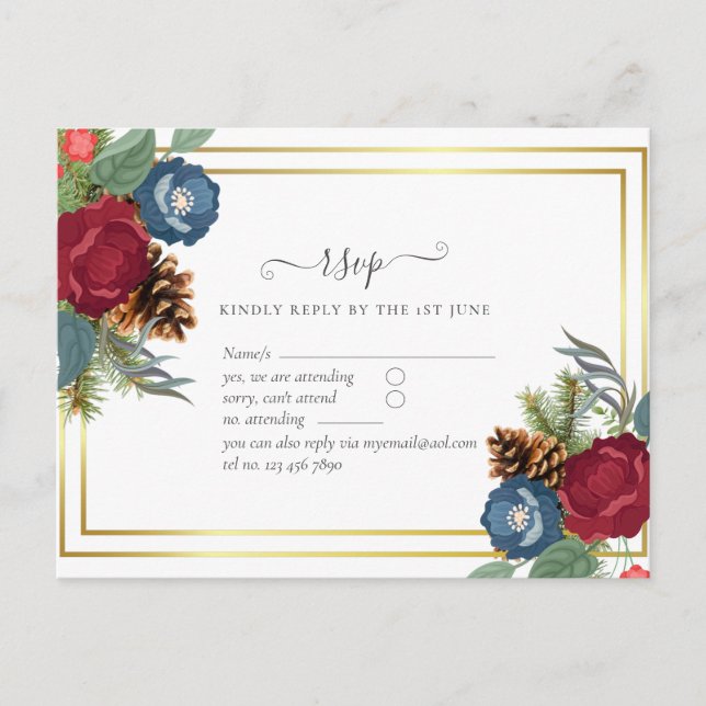 BUDGET  Winter Wedding Burgundy Teal Blue Modern Postcard (Front)