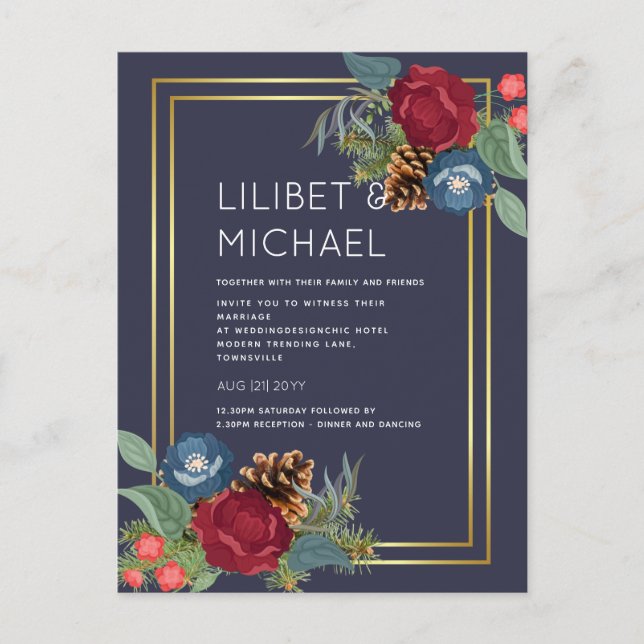 BUDGET  Winter Wedding Burgundy Teal Blue Modern Postcard (Front)