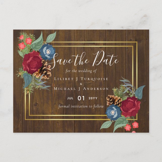 BUDGET  Winter Wedding Burgundy Teal Blue Modern Postcard (Front)