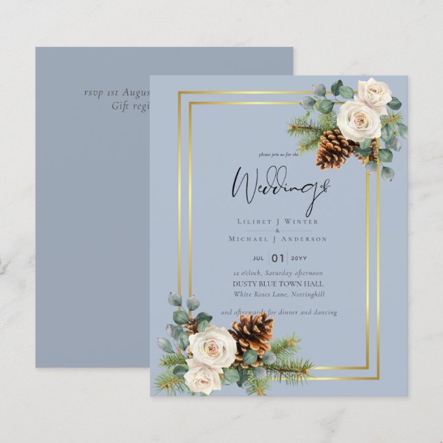BUDGET  Winter Wedding White Roses Gold Dusty Blue (Front/Back)