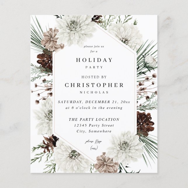 Budget Winter White Floral & Pine XMas or Holiday Flyer (Front)