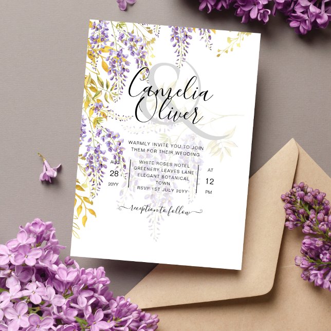 Budget WISTERIA Lilac Gold Leaves Wedding Invite Flyer (Creator Uploaded)