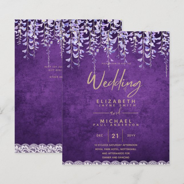 BUDGET Wisteria Purple Floral Lace Wedding INVITE (Front/Back)