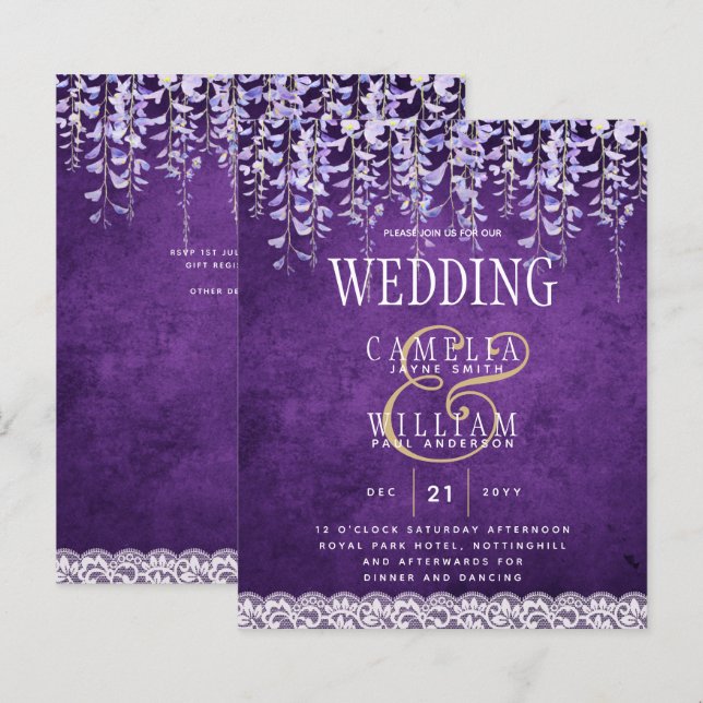 BUDGET Wisteria Purple Floral Lace Wedding INVITE (Front/Back)